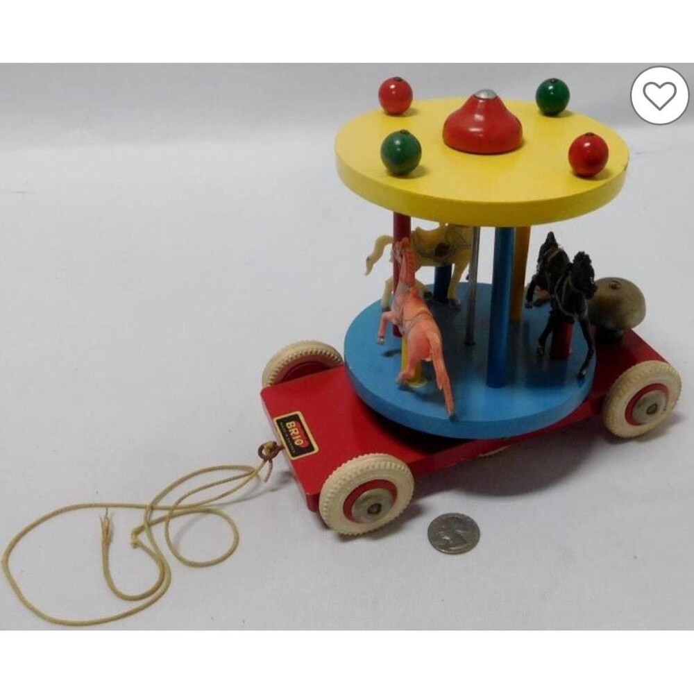 1960s Brio Wood Carousel Merry-Go-Round Pull Toy with Bell and Rubber Wheels